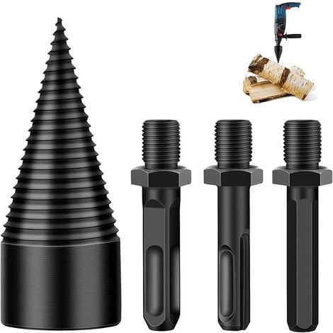 Cono de tornillo para partidor de troncos, partidor de troncos de cono de perforación con 3 mangos de taladro, 42 mm, taladro para leña, taladro helicoidal, partidor de cono para uso doméstico
