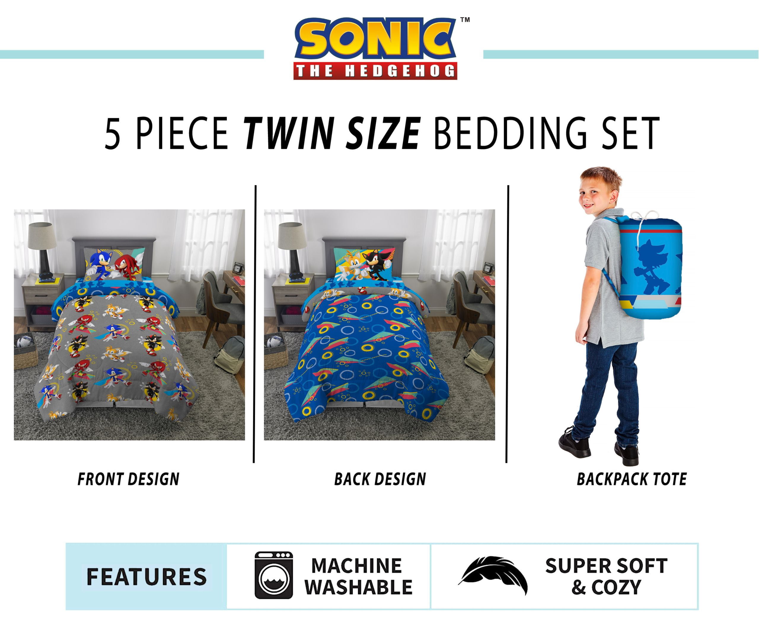 Sonic the Hedgehog Kids 5 Piece Reversible Comforter, Bed in a Bag, Twin