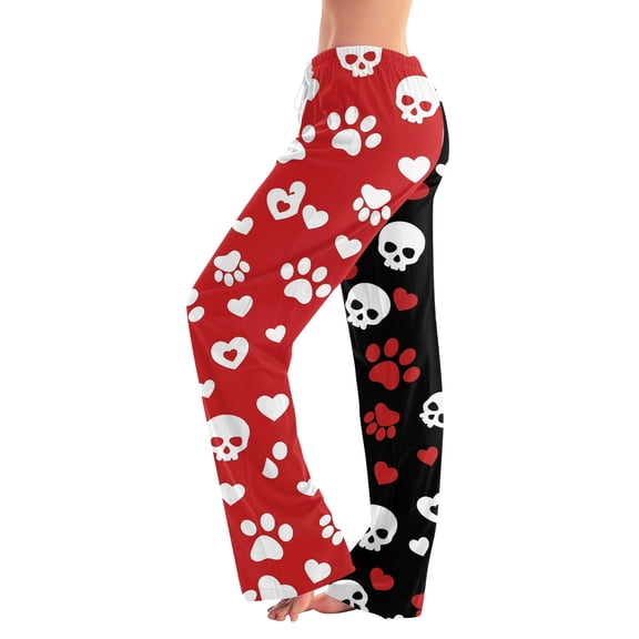 IYYVV Halloween Pajama Pants for Women Stretch Drawstring Lounge Pants Casual Pumpkin Ghost Printed Wide Leg Pjs Bottoms Red L