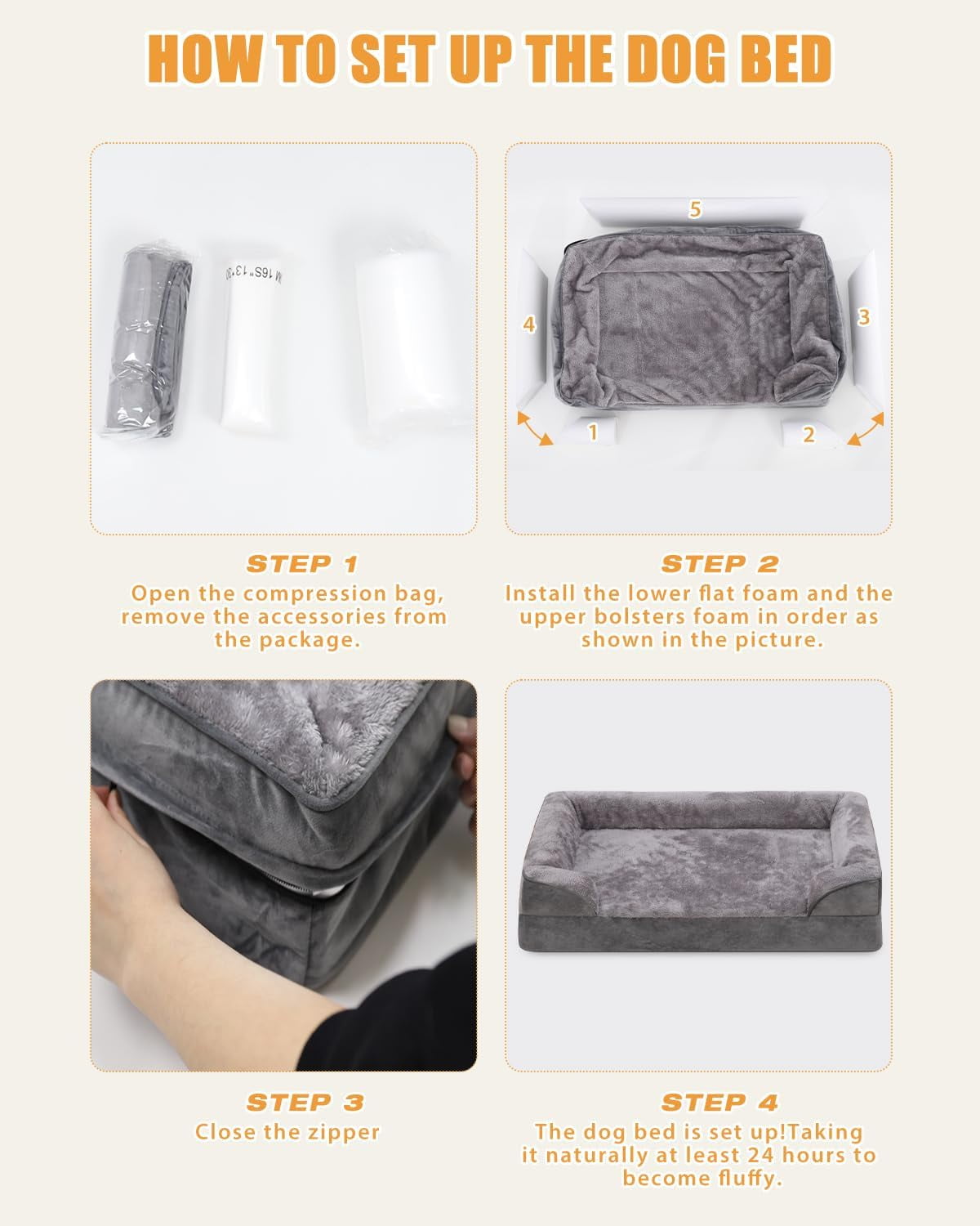 Orthopedic Dog Beds Large Sized Dog Waterproof XL Dog Bed with Sides Non-Slip Bottom Extra Large Dog Couch Bed with Washable Removable Cover, Gray, 44x32inch
