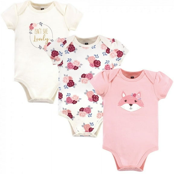 Hudson Baby Infant Girl Cotton Bodysuits 3pk, Lovely Fox, 0-3 Months