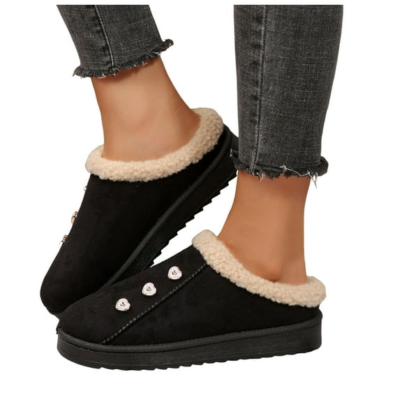 Winter Heart Rhinestones Clogs Slippers Boots for Women Sparkly Fleece Lined Suede Platform Backless Slip on Ankle Booties House Shoes Indoor and Outdoor