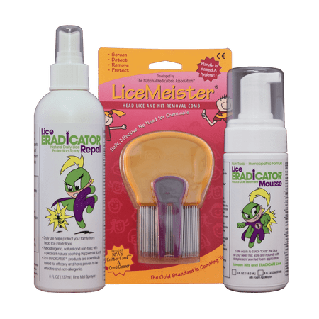 Lice ERADICATOR MOUSSE Treatment, Repellent Protection Spray, and LiceMeister Lice Comb Kit / Natural, Non-Toxic, Homeopathic Peppermint Formula / 4 Oz Foam Applicator Spray and 8 Oz