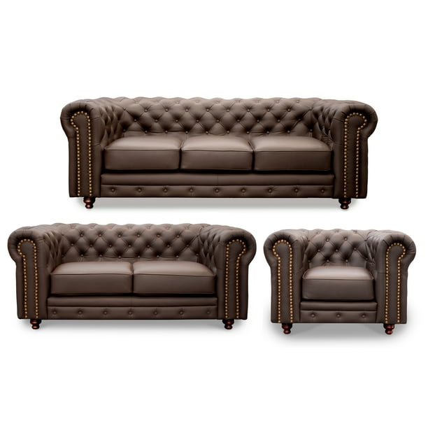 Sala de Piel Genuina Clásico 3-2-1, Sofá, Love Seat y Sillón, 6 plazas, Modelo Chesterfield P/V, Color Chocolate, Elegante, cómodo y Clásico, Hecho en Mexico. Medidas: 220 cm, 185 cm, 110 cm.