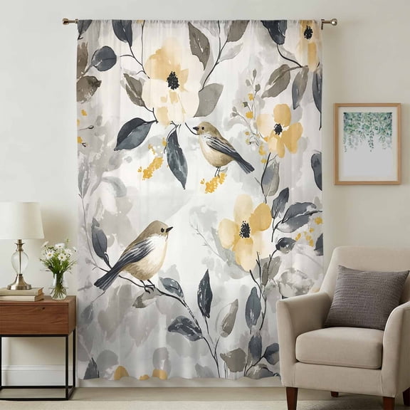 Yellow Grey Botanical Sheer Curtains 45 Inches Long, Spring Floral Birds Watercolor Light Filering Curtains, Breathable Simi Curtain Privacy Drapes for Kitchen Bathroom Small Window Treatment