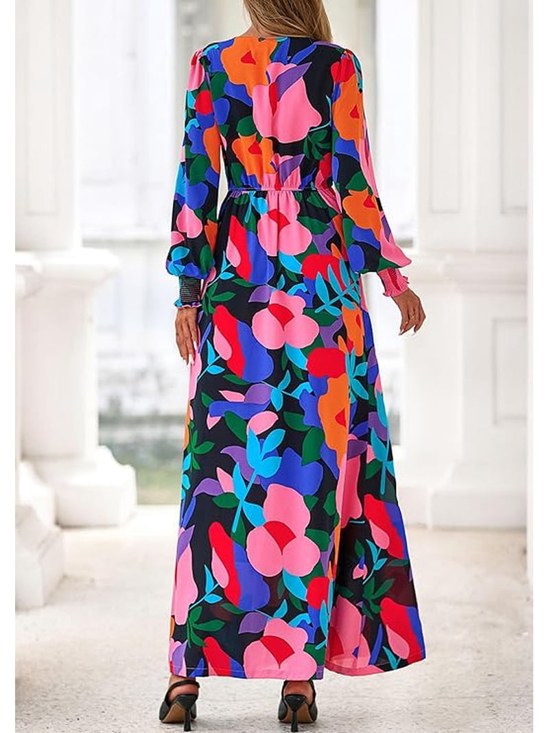 flowy belted dress Prettygarden Women's Fall Boho Maxi Dress Floral Long Sleeve V Neck Flowy Belted Elegant Holiday Party Dresses, Size: Large, Black