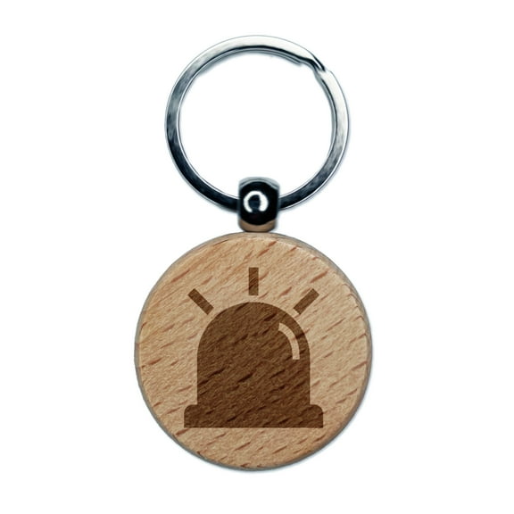 Siren Police Fire Law Enforcement Round Keychain Charm Tag - Engraved Wood