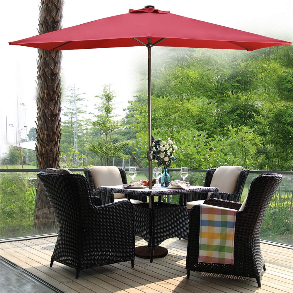 Superjoe 6.5×10ft LED Solar Lighted Patio Umbrella 6 Ribs Market Fade-Resistant Umbrella with Push Button Tilt & Crank, Red