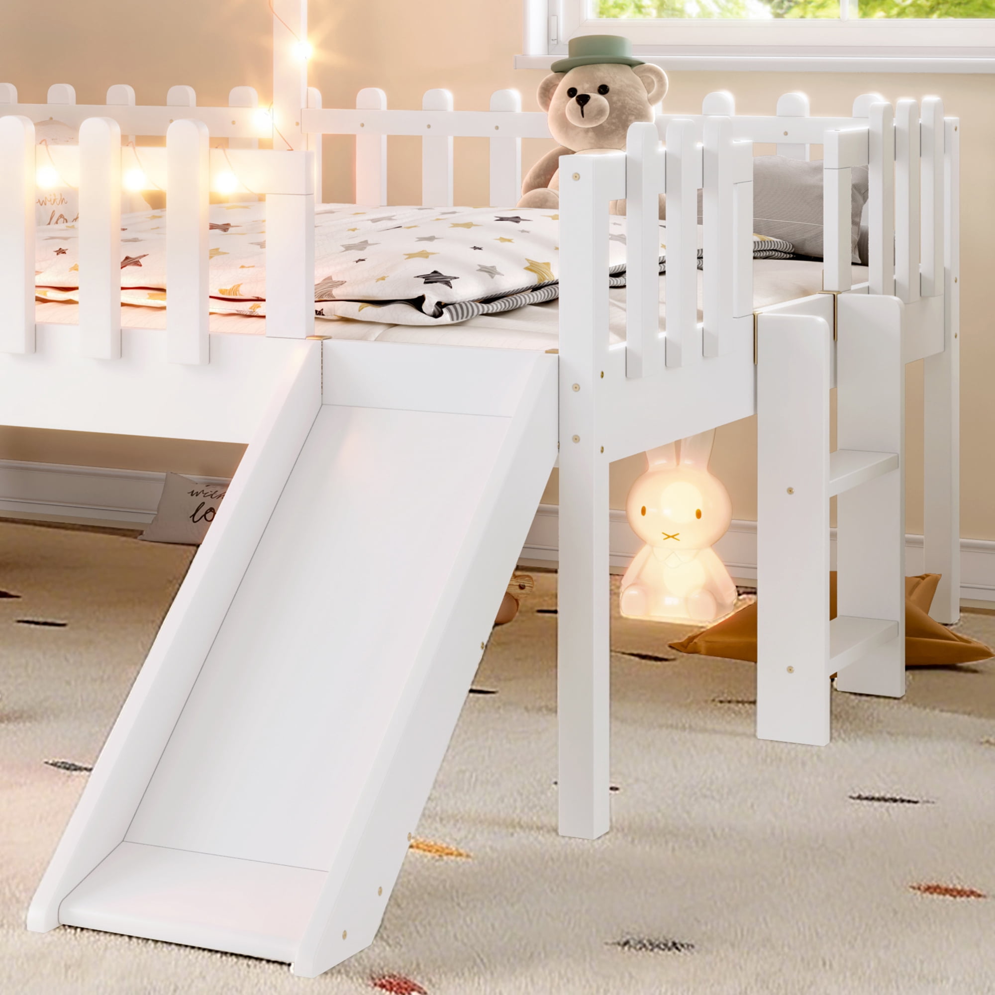 Mintazer Full Size Kids House Loft Bed with Slide & LED Lights, Modern Playhouse Bed with Star Shaped Designs & Ladder, No Box Spring Needed, White