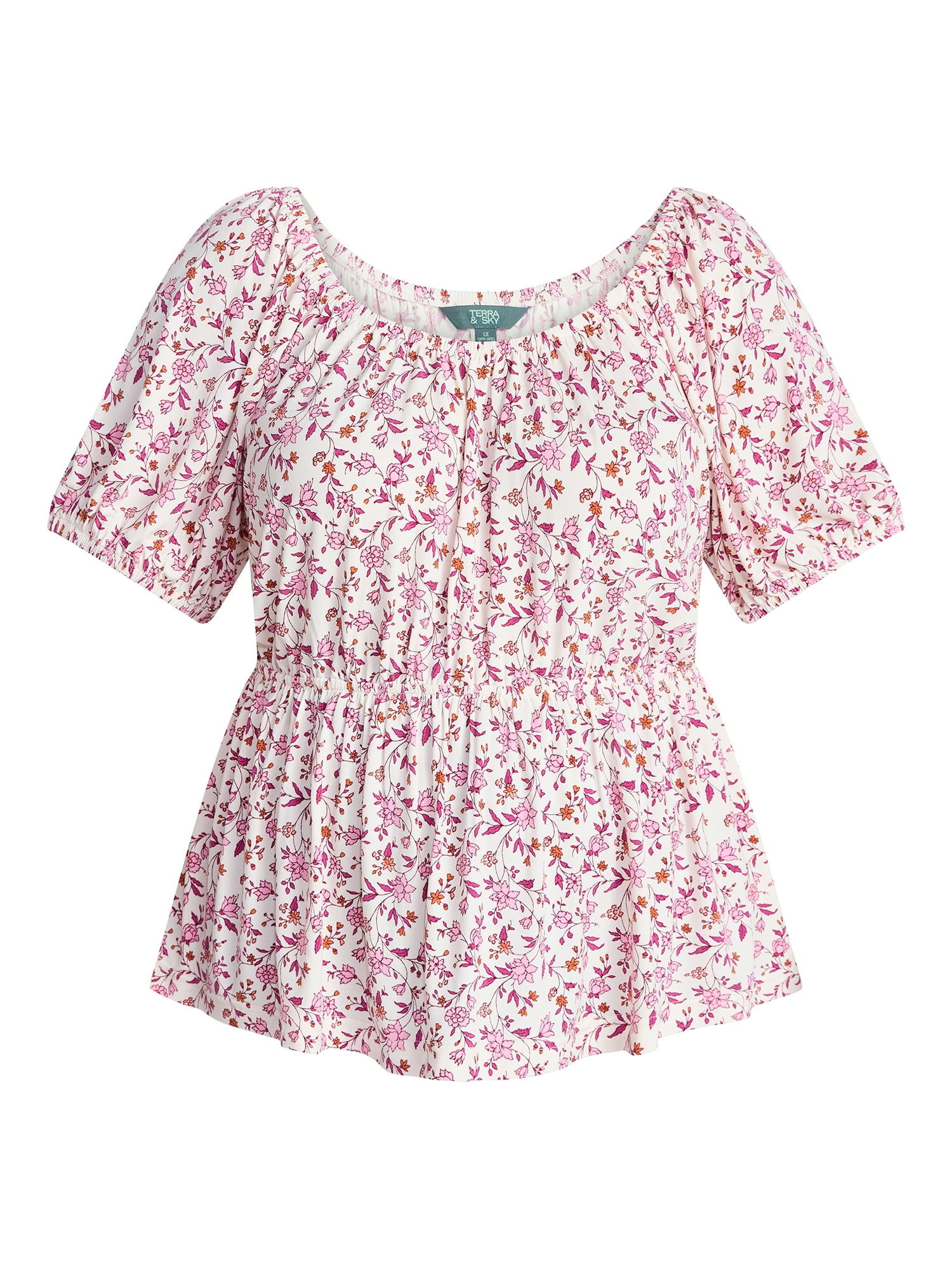 Terra & Sky Women's Peplum Top with Short Puff Sleeves, Sizes 0X-5X