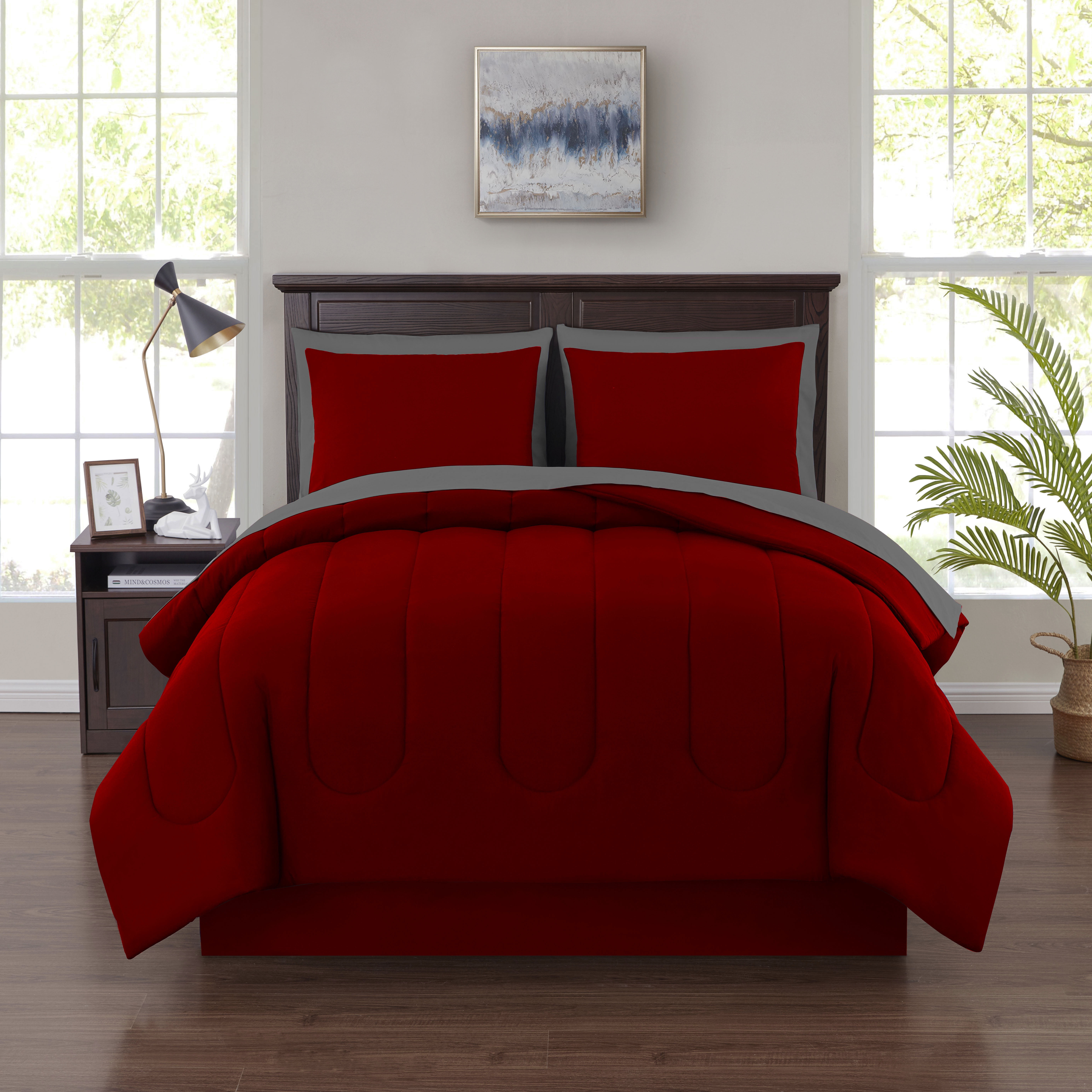 Mainstays 8 Piece Solid Bed In A Bag Bedding Comforter Set Full Red Walmart Com Walmart Com