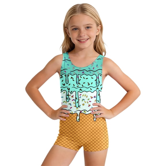 Lullu Girls One-Piece Swimsuit Beach Stretch Bathing Suit with Ice-Cream Print, Sizes 5-16