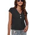 thumbnail image 1 of Camisa de gasa para mujer, cuello en V, manga corta de murciélago, botón frontal de metal, patrón liso, blusa de gasa informal, Top negro M, 1 of 7