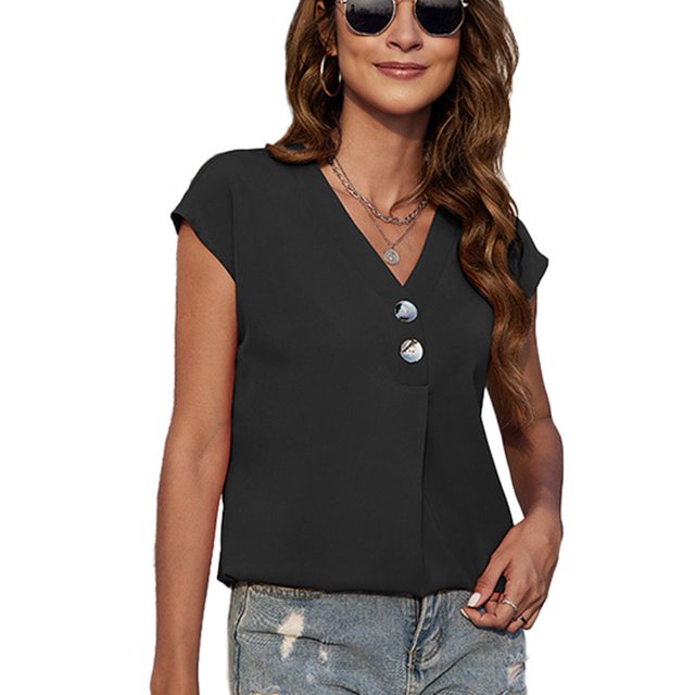 Camisa de gasa para mujer, cuello en V, manga corta de murciélago, botón frontal de metal, patrón liso, blusa de gasa informal, Top negro M