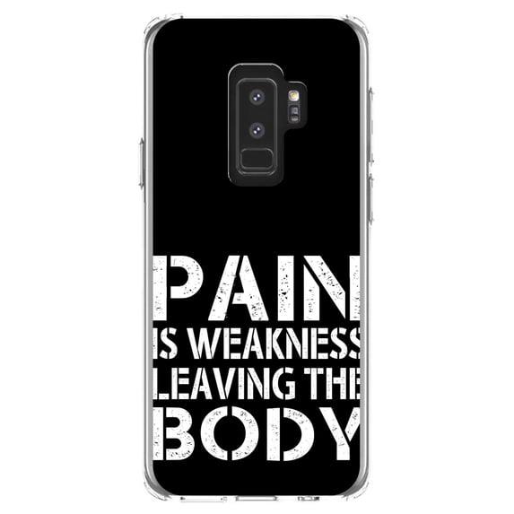 DistinctInk Clear Shockproof Hybrid Case for Samsung Galaxy S9+ PLUS (6.2" Screen) - TPU Bumper, Acrylic Back, Tempered Glass Screen Protector - Pain is Weakness Leaving the Body - Inspirational Quote