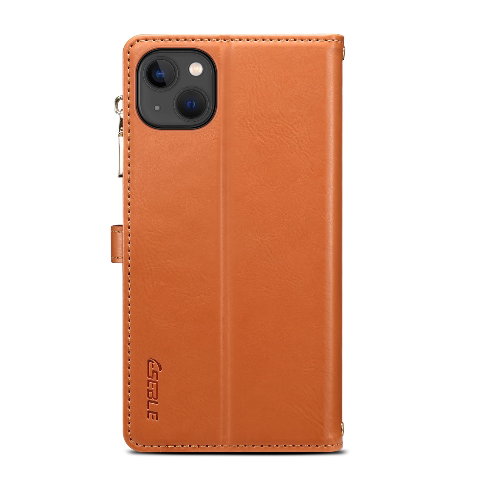 Dteck Wallet Case for iPhone 13 6.1 Inch, Leaf Pattern Luxury PU Leather RFID Blocking Card Slots Holder Zipper Pocket Flip Case with Kickstand Magnetic Crossbody Strap Phone Cover,Brown