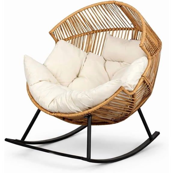 Oversized Ergonomic Wicker Egg Patio Chair – Extra-Soft offwhite shade Cushion & Pillow – Comfortable Rattan Rocking Lounger – Durable Black & Brown Frame – Indoor/Outdoor Use –offwhite