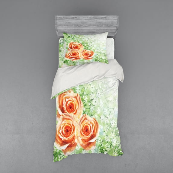 Ambesonne Green Bedding Set 3 Pcs, Watercolor Roses, Twin XL, Orange Green