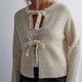 thumbnail image 5 of VISALY Cropped Cardigan Open Front Cardigan Tie Front Cropped Cardigan Sweaters for Women Crew Neck Long Sleeve Knit Bow Tie Trendy Sweater Tops Chunky Cardigan Sweaters Cardigan Sweaters Beige L, 5 of 8