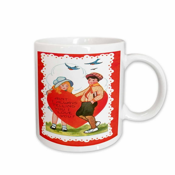 3drose, Boy and Girl with Big Red Heart and Bluebirds on White Lacey Design, 15oz Mug