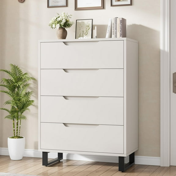 KOKEBREN White Dressers for Bedroom Wooden 4 Drawers Storage Cabinet 47.2" Wide Dresser for Living Room