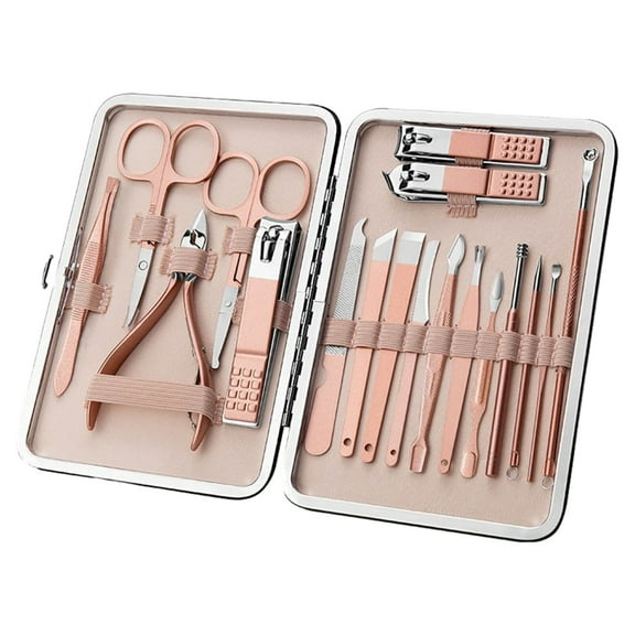 Manicure Pedicure Kit, Nail Grooming Tools, 18 In 1 Stainless Steel Nail Care Set with Rose Gold Finish and Pink Zipper Leather Travel Case, Portable and Durable