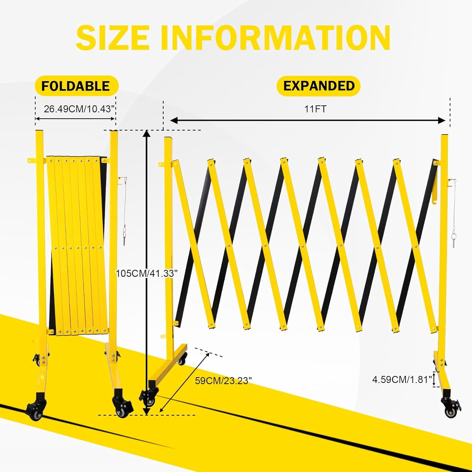 Metal Expandable Barricade, 11 Feet Retractable Fence Outdoor, Mobile Safety Barrier Gate, Easily Assembled Expanding Gate with Casters, Collapsible Accordion Barricade Gate