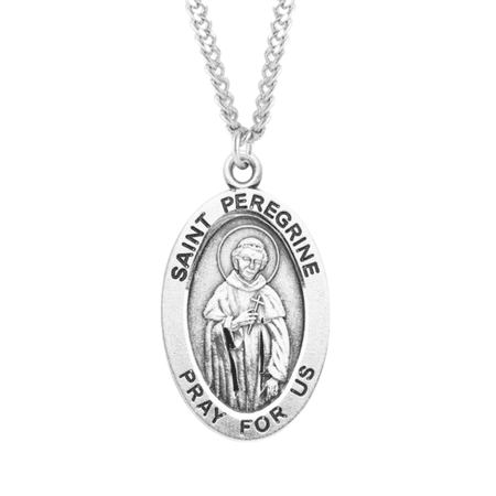 Sterling Silver Patron Saint St.Peregrine Medal Pendant Necklace in 24" Endless Rhodium Plated Stainless Steel Chain -Deluxe Velvet Gift Box - Made in USA