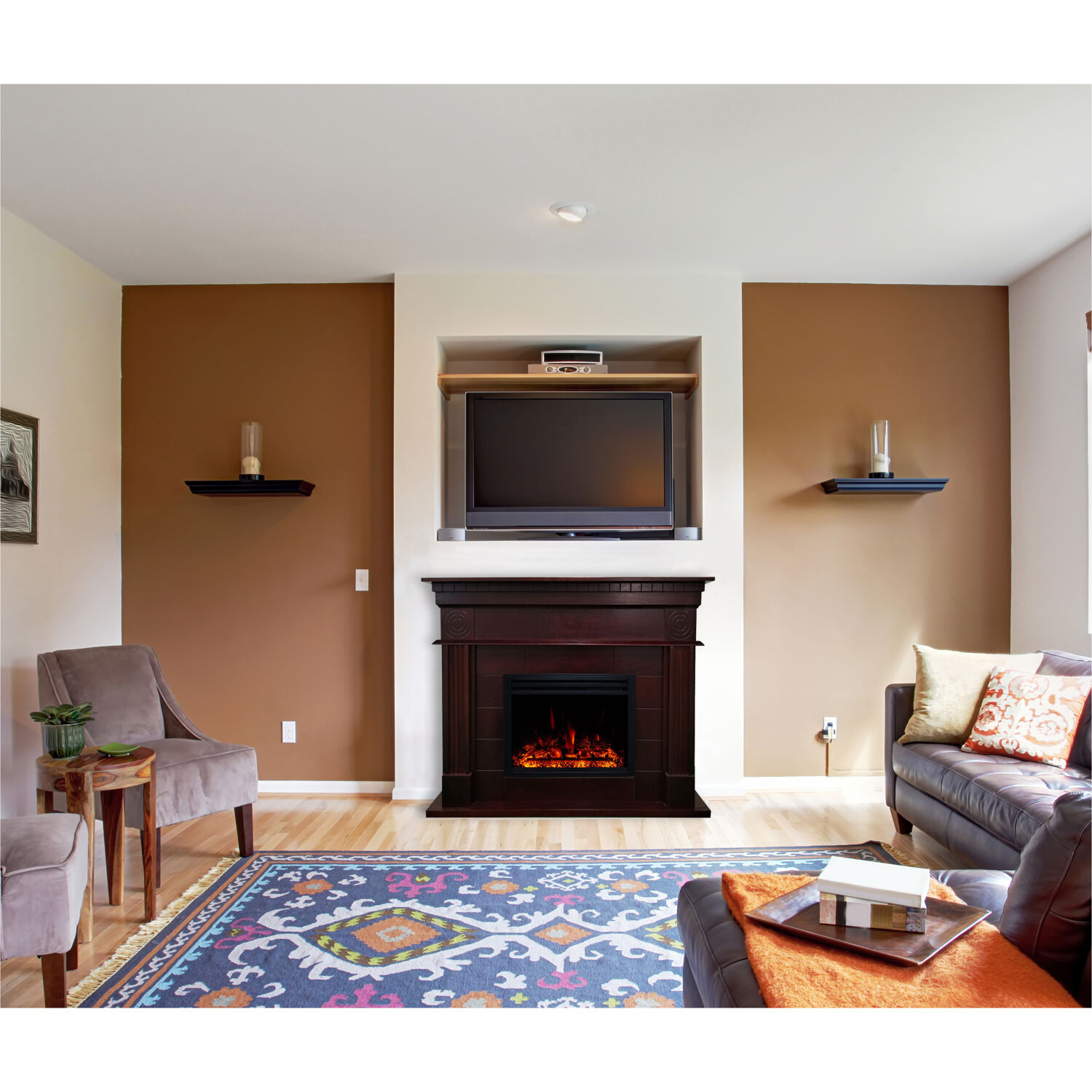 Hanover 47.8-inch York Electric Fireplace Mantel with Deep Log Insert and Multi-Color Flame Display, Mahogany