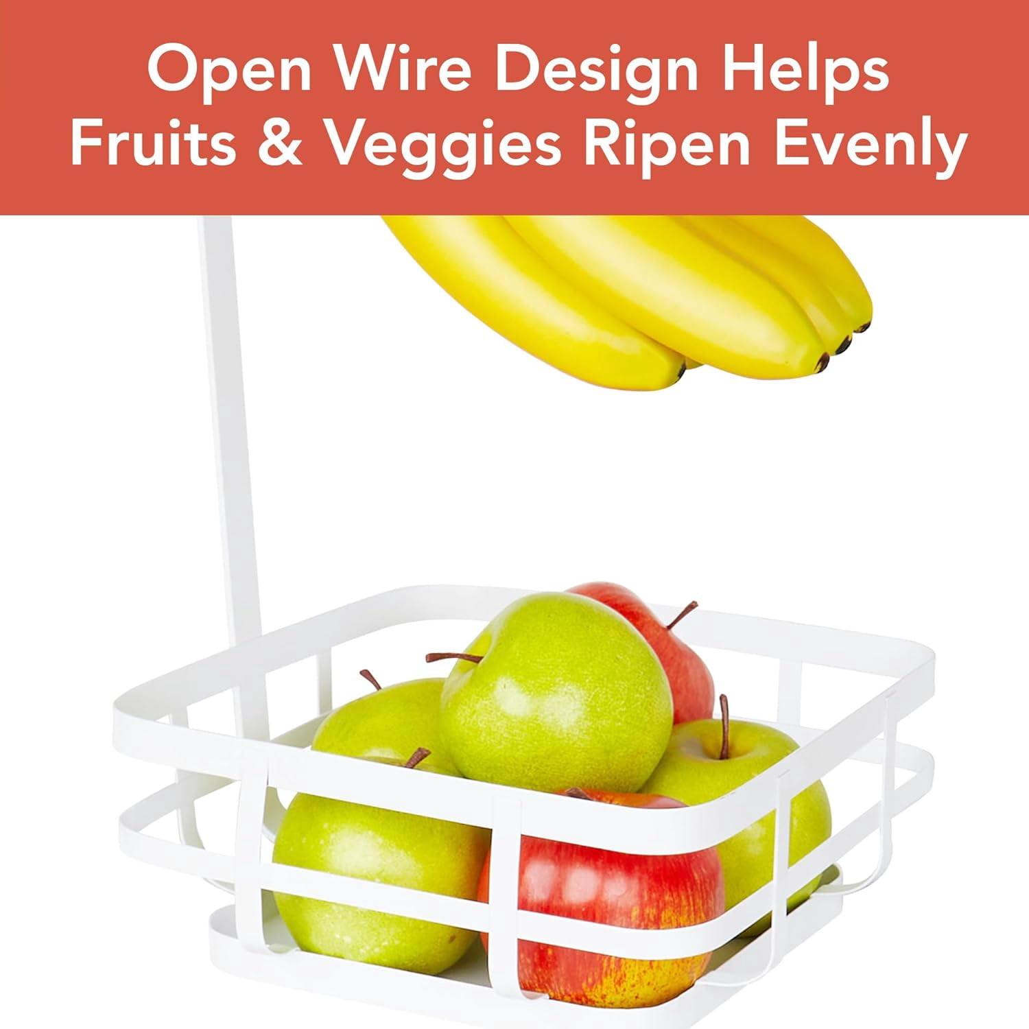 Spectrum Fruit Basket with Banana Hanger White, Modern Steel Wire Storage for Kitchen Counter, Scandinavian Fruit and Vegetable Basket with Banana Hook, Space Saving Kitchen Countertop Storage