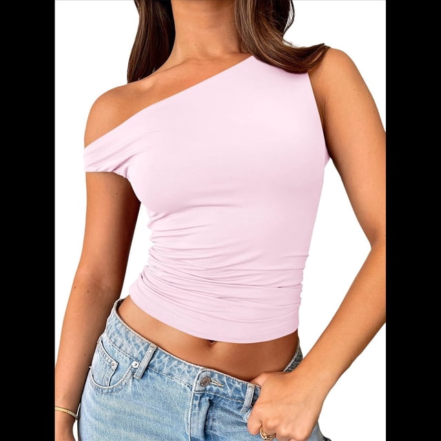 Tops de Verano con Hombros Descubiertos para Mujer, Camisetas para Salir, Top Corto Sin Mangas, Ropa de Moda, Conjuntos de 2025 Rosa XS