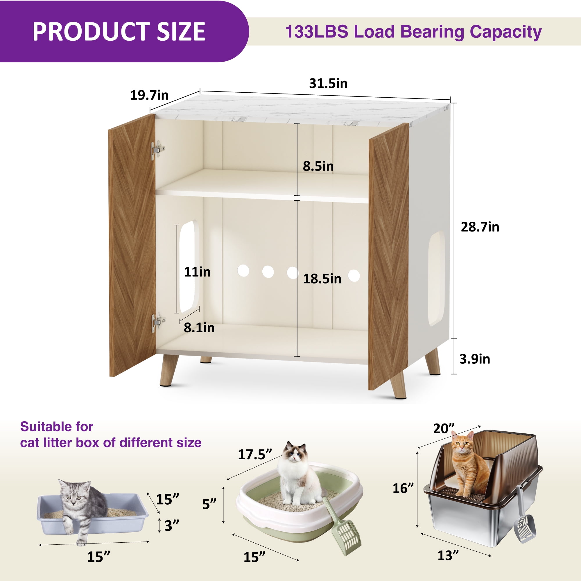 WHIFEA 32" Wooden Cat Litter Box Enclosure - Hidden Cat Washroom with Ventilation & Deep Design, Fits Most Litter Boxes for Living Room, Bedroom