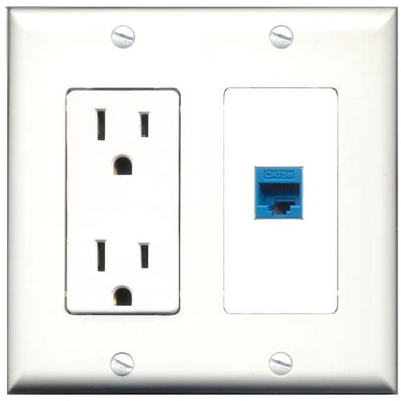 RiteAV - 15 Amp Power Outlet and 1 Port Cat5e Ethernet Blue Decorative Type Wall Plate White