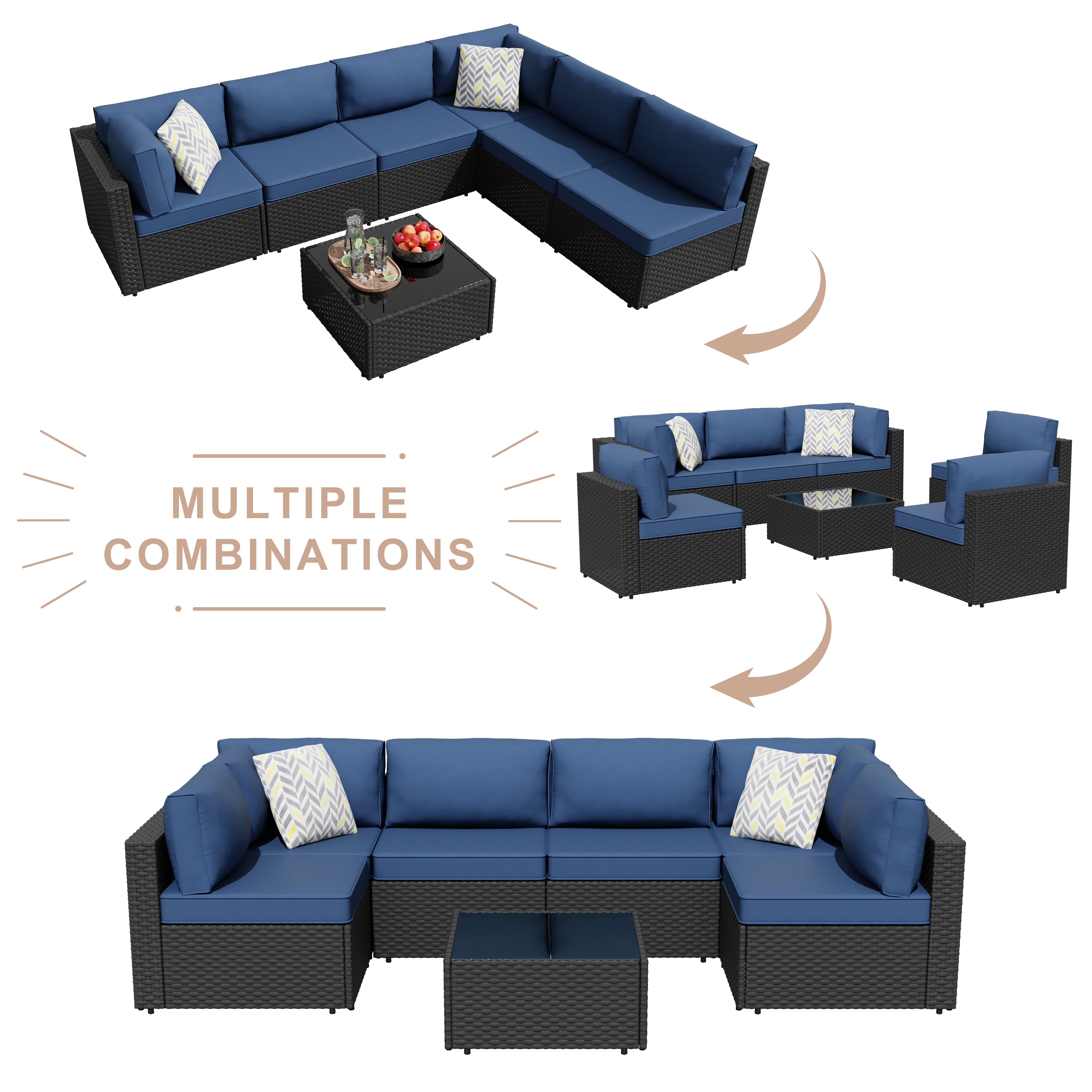 Walsunny 7 Pieces Patio Conversation Set, All-Weather Rattan Wicker Patio Furniture Sets with 6 Chairs and 1 Coffee Table, Washable Couch Cushions,Black Rattan Navy Blue Cushions