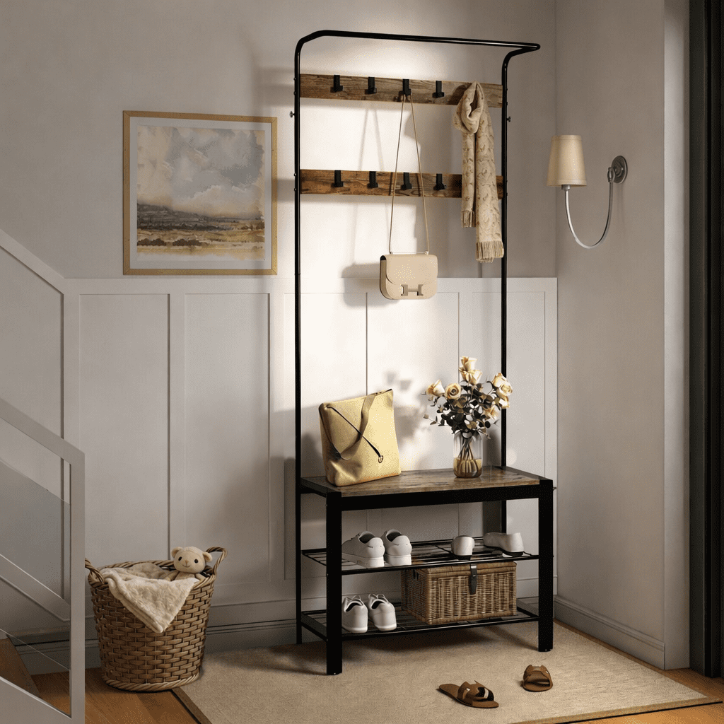 ZIVACATE Coat Rack, Hall Tree with Shoe Storage Bench, Entryway Bench with Shoe Storage, 4-in-1, Steel Frame, for Entryway, 28.35 x 13.27 x 72.05 in,Brown