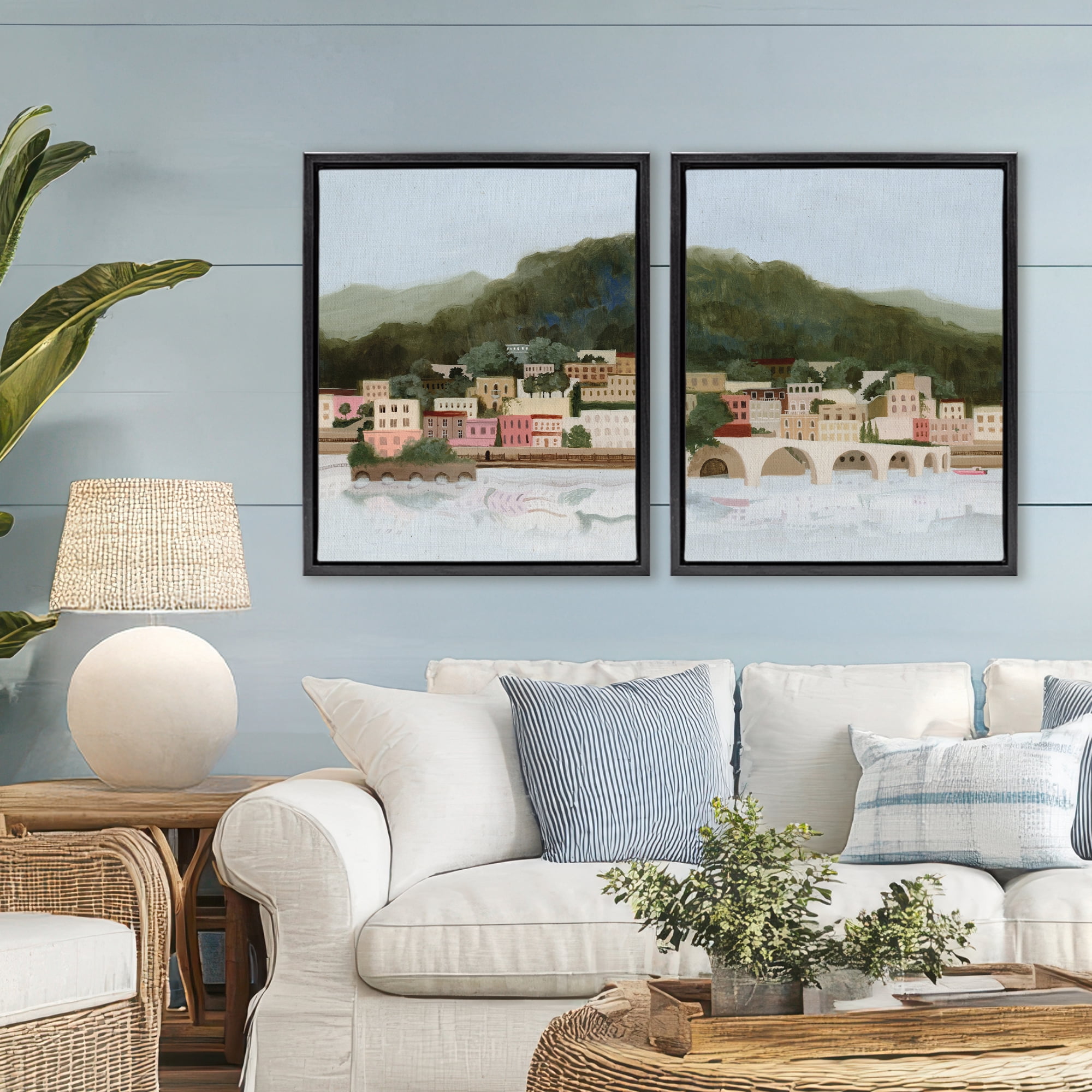 Stupell Industries Mountain Town by Sea 2 Piece Black Framed Floater Canvas Set, design by Grace Popp