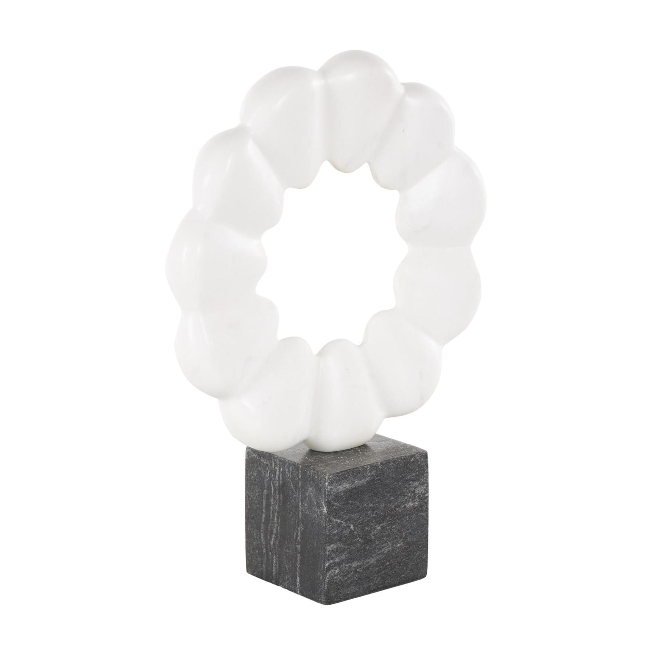9" x 12" White Marble Floral Inspired Ring Geometric Sculpture with Black Block Base, by DecMode