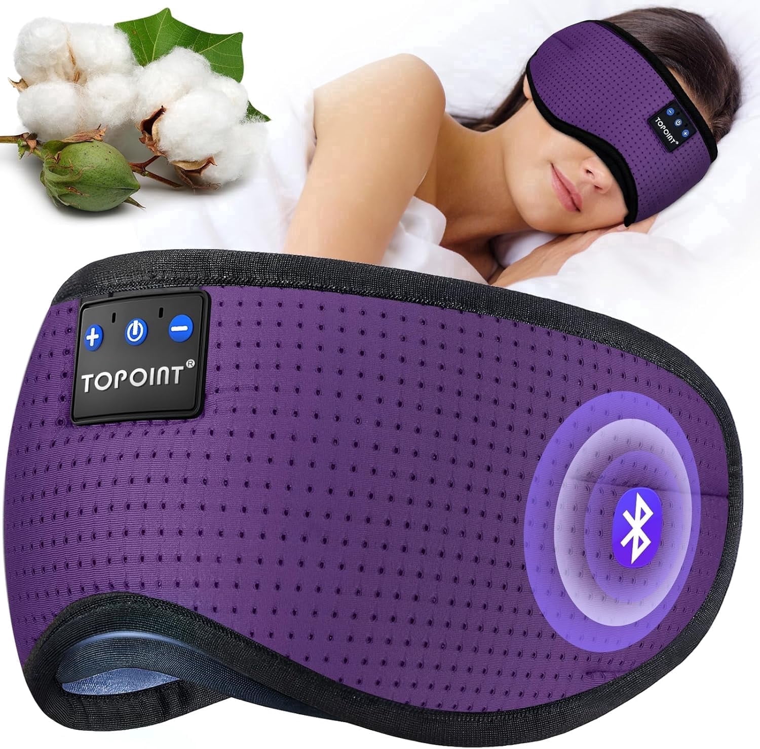 Sleep Mask, Bluetooth Eye Mask Bluetooth, TOPOINT Breathable Cotton Sleep Headphones for Sleeping Side Sleepers Travel Meditation Music Headsets with Microphone Handsfree Men Women, Purple