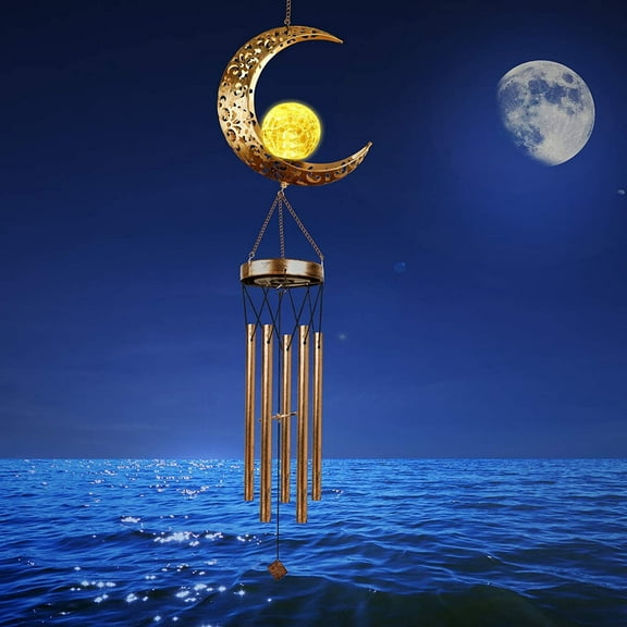 LHWEN Outdoor Hanging Solar Wind Chimes Warm Moon Glass Decor Outside Decoration Metal Nylon Rope Weather- Long-lasting Musical Tones Night Glow Garden Five Metal Tubes Pleasant Sound Future Longing