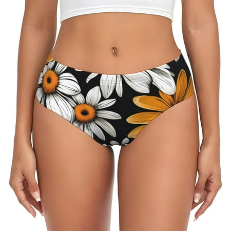 Naloa Yellow White Daisy Pattern Womens No Show Cotton Underwear Mid-High Waisted Soft Ladies Panties Strech Breathable Briefs -Medium