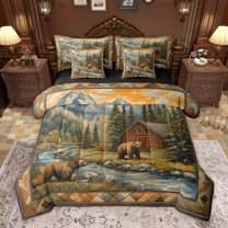 Homewish Safari Bears Boy Girl Bedding Comforter Set 7pcs,Rustic Jungle Cabin Cottage Queen Bedding Sets Super Cozy,Jungle Animal Wildlife Queen Sheet Sets,Ultra Soft Home Decor,Reversible