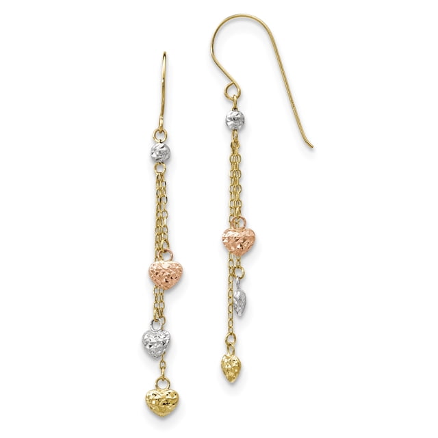 14K Tri Color Gold Tri-color Diamond Cut Triple Heart Dangle Shepherd Hook Earrings