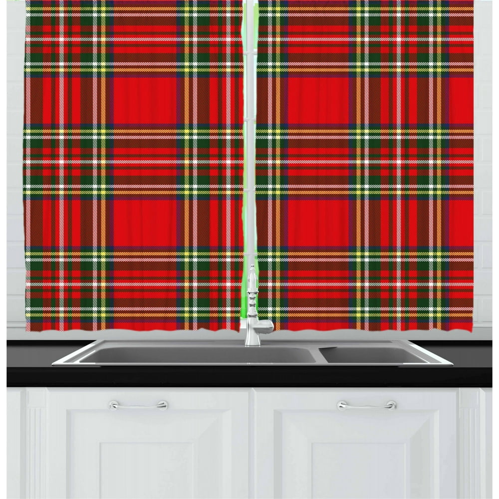 Red Plaid Curtains 2 Panels Set, European Western Culture Inspired
