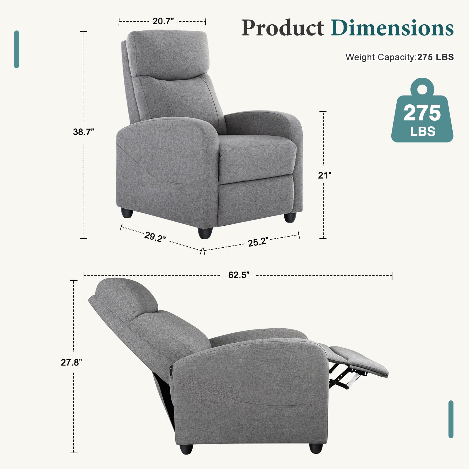 JOINSUN Modern Massage Recliner Chair with Vibration & 160° Lay-Flat Function – Space-Saving Small Sofa for Home Theater, Apartment, or Bedroom, 275lbs Weight Limit, Gray