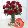 One Dozen Red Roses With Chocolate Hearts
