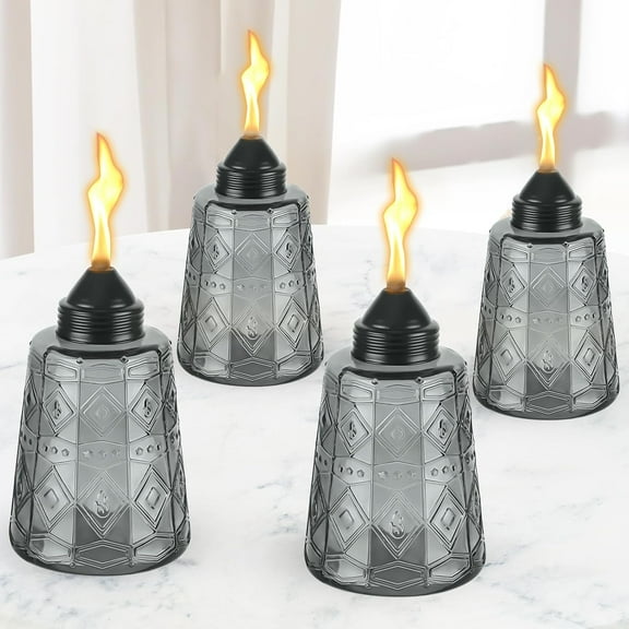 Outdoor Tabletop Torches 4 Pack, Multicolor Glass Citronella Outdoor Torches with Wicks and Lids, 12 Ounces Refillable Outdoor Torch Jar Lanterns for Yard Garden Decoration, Party, Patio, Landscaping