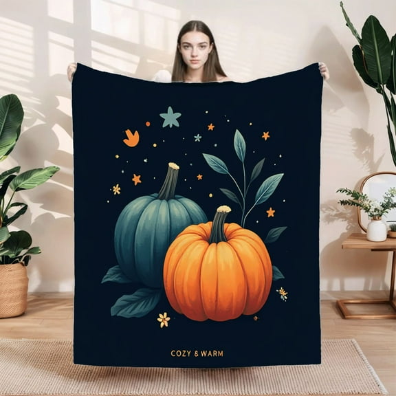 Cozy & Warm Flannel Blanket - Soft Durable Blanket with Whimsical Pumpkin & Leaf Design for Sofa Travel Bed Chair