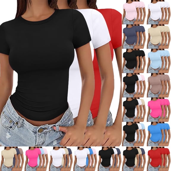 VJGBEGW 3-PACK Basic Tees for Women Slim Fit Short Sleeve T Shirts Crew Neck Casual Cute Y2K Clothes Trendy Crop Tops Outfits 2026 Beige L
