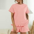thumbnail image 2 of Women's 2 Pieces Outfits Solid Short Sleeve Ruffle Hem Tops and Elastic Waist Drawstring Shorts PJs Lounge Suits, 2 of 7