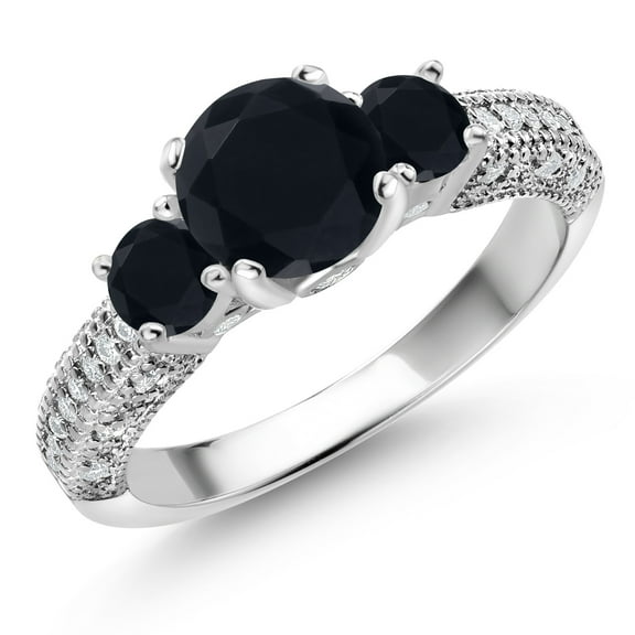 Gem Stone King 925 Sterling Silver Black Onyx and White Moissanite Engagement Ring for Women (1.80 Cttw, Round 7MM and 4MM, Gemstone Birthstone, Size 7)
